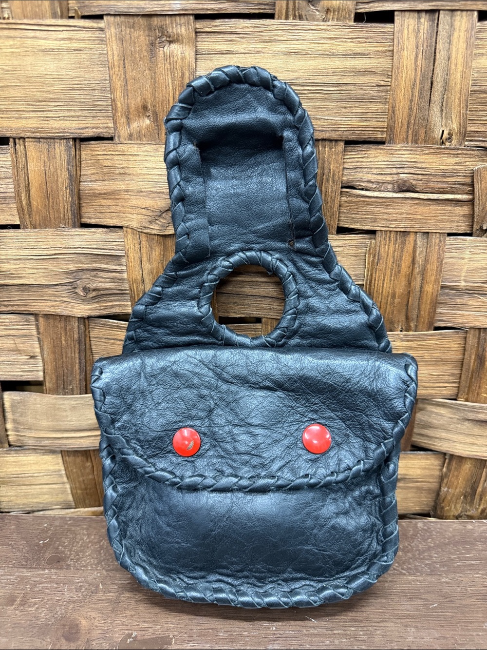 Vintage Black Leather Belt Side Bag with Red Button Accents